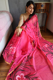 Elegant Hand Painted Chiffon Saree with Zari Border - Perfect for Special Occasions